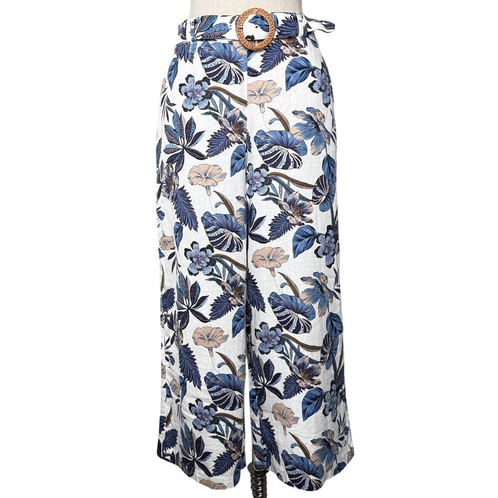 Sigrid Olsen Linen Cropped Wide Leg Pants Tropical Floral Blue Boho Summer Sz 2